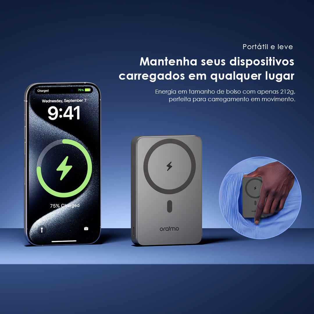 oraimo MagPower 15 Power Bank de 10000mAh com Carregamento Sem Fio e com Fio