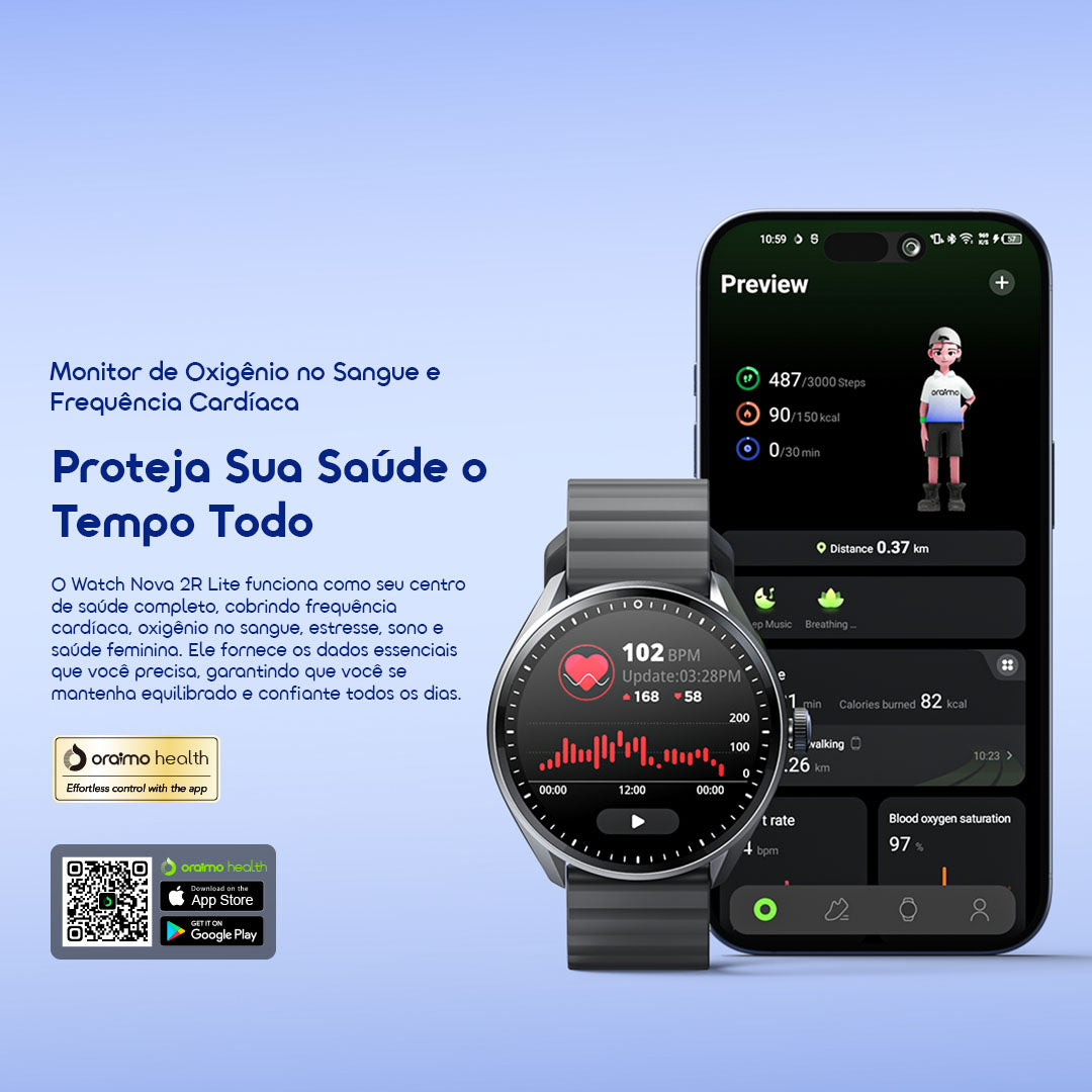 oraimo Watch Nova 2R Lite Relógio inteligente com ecrã AMOLED de 1,43" e bateria com duração até 30 dias em modo de espera