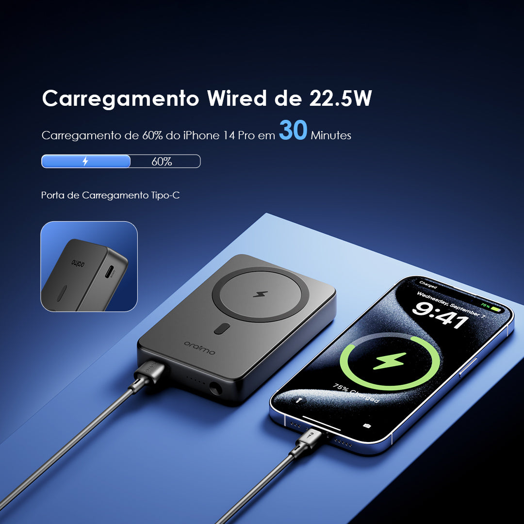oraimo MagPower 15 Power Bank de 10000mAh com Carregamento Sem Fio e com Fio