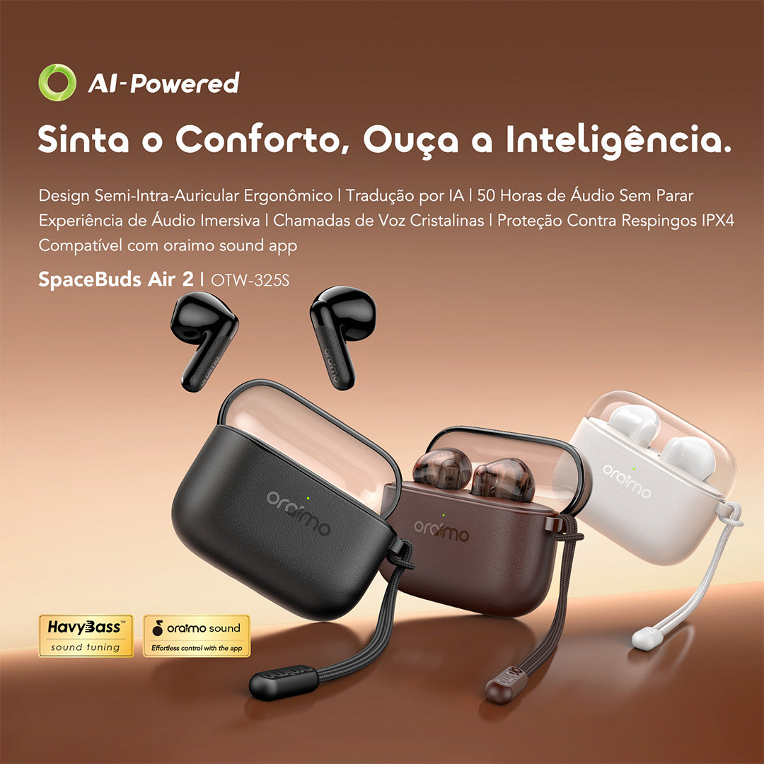 oraimo SpaceBuds Air 2 Auscultadores com bateria de longa duração (50 horas) e tradução inteligente