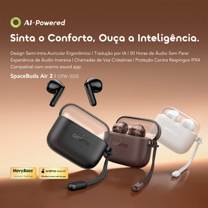 oraimo SpaceBuds Air 2 Auscultadores com bateria de longa duração (50 horas) e tradução inteligente