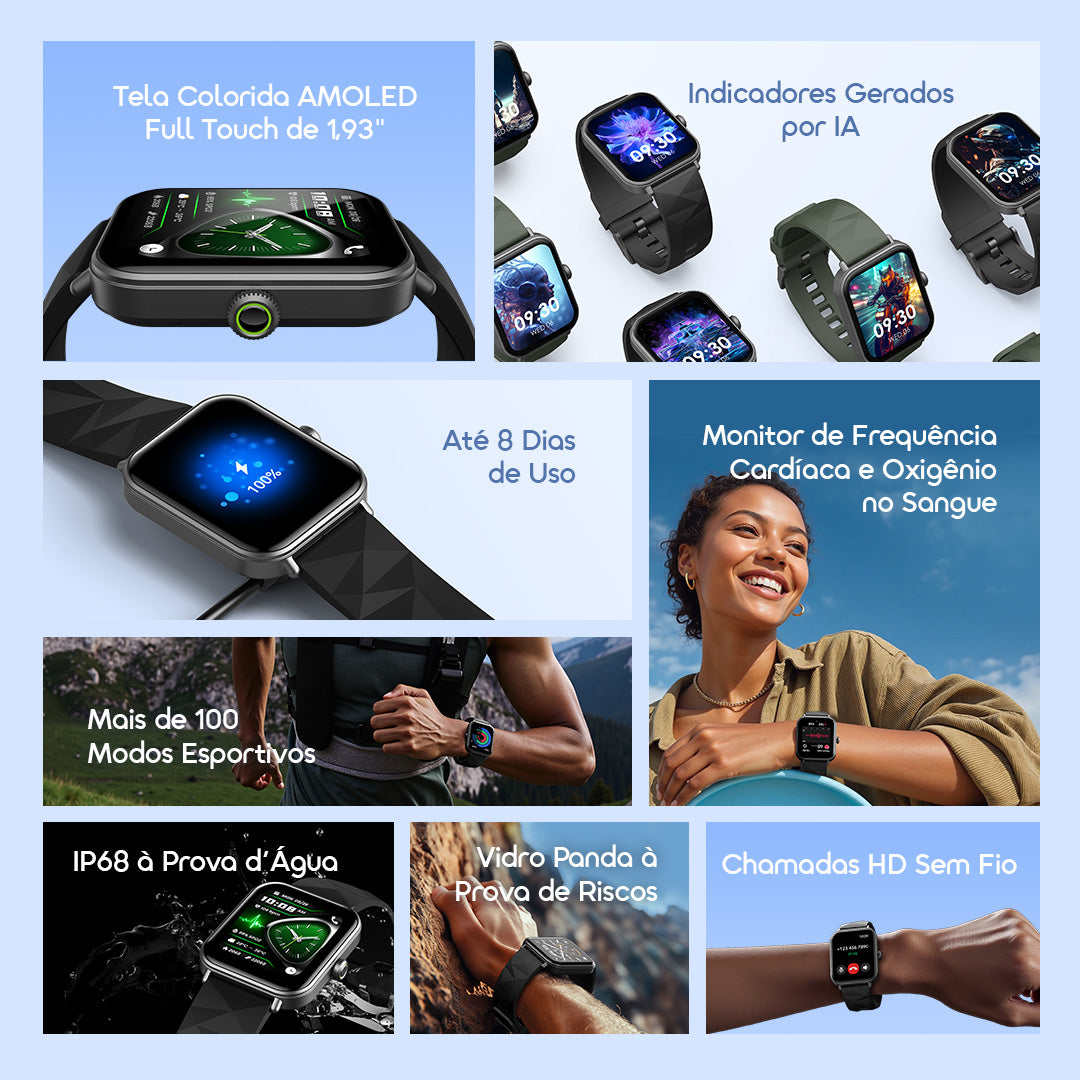 oraimo Watch Nova 2 Lite Relógio inteligente com ecrã a cores AMOLED totalmente sensível ao toque de 1,93 polegadas