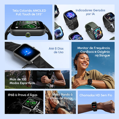 oraimo Watch Nova 2 Lite Relógio inteligente com ecrã a cores AMOLED totalmente sensível ao toque de 1,93 polegadas