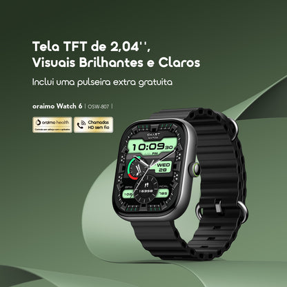 oraimo Watch 6 Relógio inteligente com monitor de ritmo cardíaco e oxigénio no sangue com ecrã TFT de 2,04"
