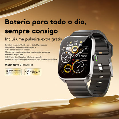 oraimo Watch Nova 2 Relógio inteligente com ecrã táctil curvo AMOLED de 2,01" e classificação IP68