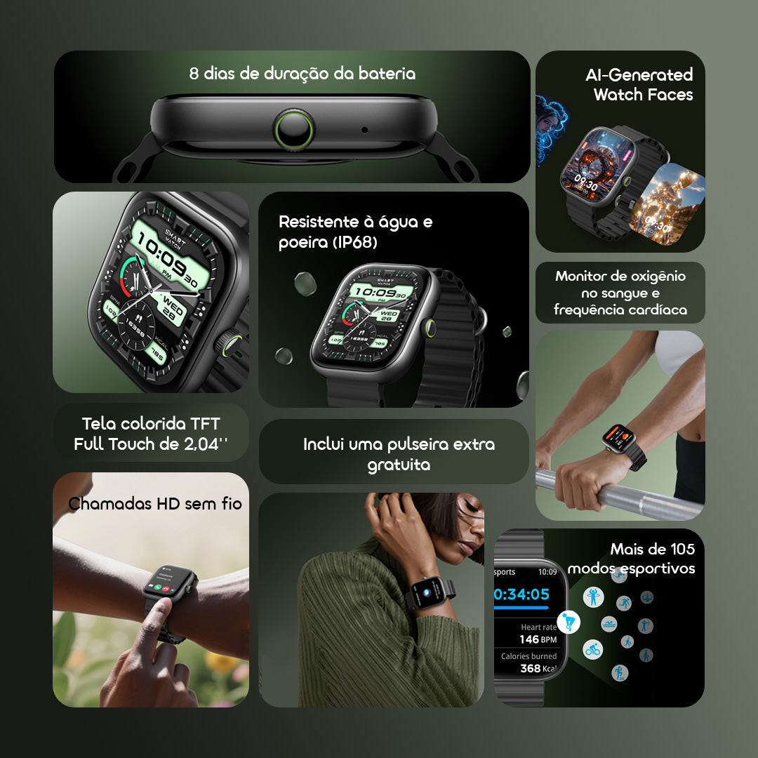 oraimo Watch 6 Relógio inteligente com monitor de ritmo cardíaco e oxigénio no sangue com ecrã TFT de 2,04"