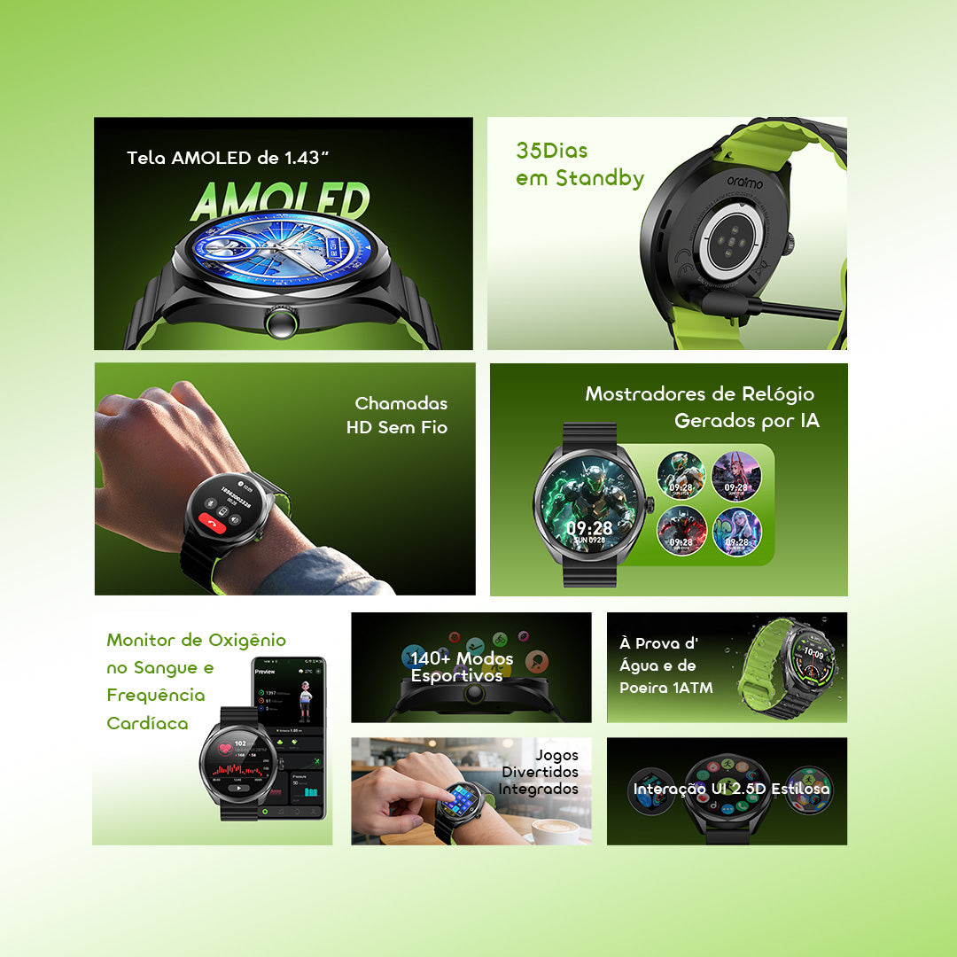 oraimo Watch Nova 2R Relógio inteligente com ecrã AMOLED de 1,43" e autonomia de 35 dias em modo de espera