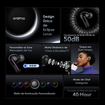oraimo SpaceBuds Auriculares híbridos sem fios ANC True Wireless Prompt de voz personalizado