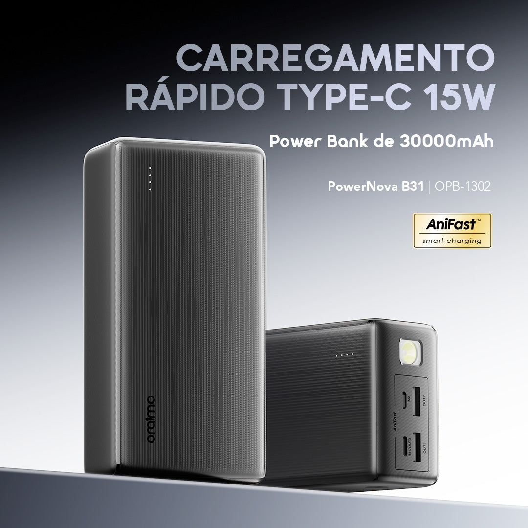 oraimo PowerNova B31 Power Bank de 30000mAh com carregamento rápido de 15W