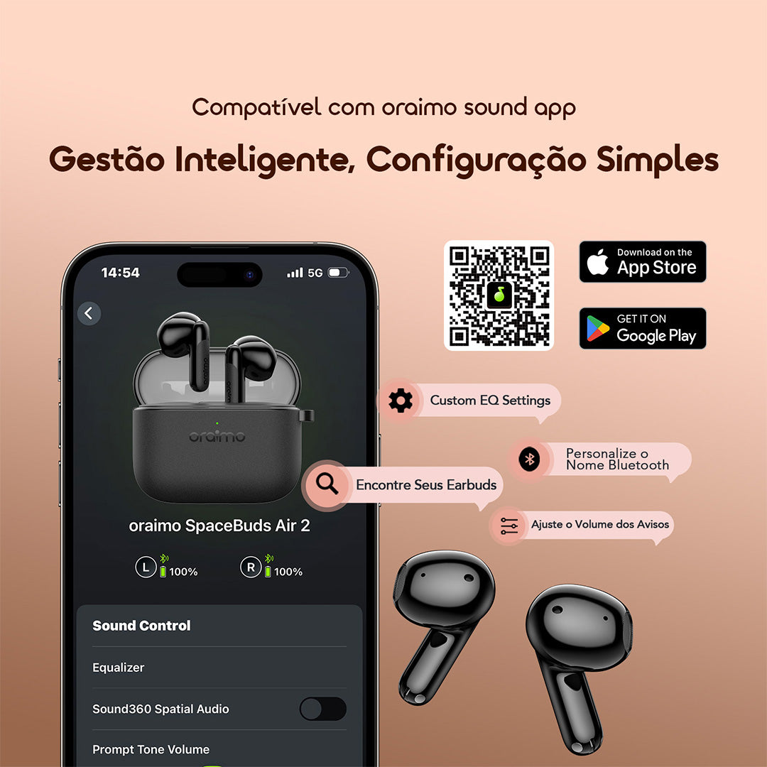 oraimo SpaceBuds Air 2 Auscultadores com bateria de longa duração (50 horas) e tradução inteligente