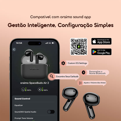 oraimo SpaceBuds Air 2 Auscultadores com bateria de longa duração (50 horas) e tradução inteligente