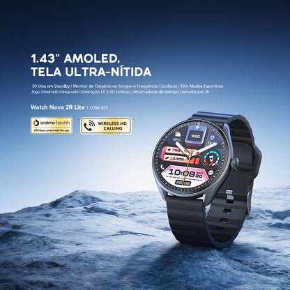 oraimo Watch Nova 2R Lite Relógio inteligente com ecrã AMOLED de 1,43" e bateria com duração até 30 dias em modo de espera