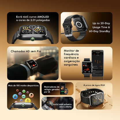 oraimo Watch Nova 2 Relógio inteligente com ecrã táctil curvo AMOLED de 2,01" e classificação IP68