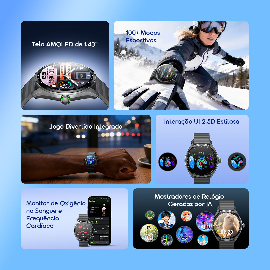 oraimo Watch Nova 2R Lite Relógio inteligente com ecrã AMOLED de 1,43" e bateria com duração até 30 dias em modo de espera