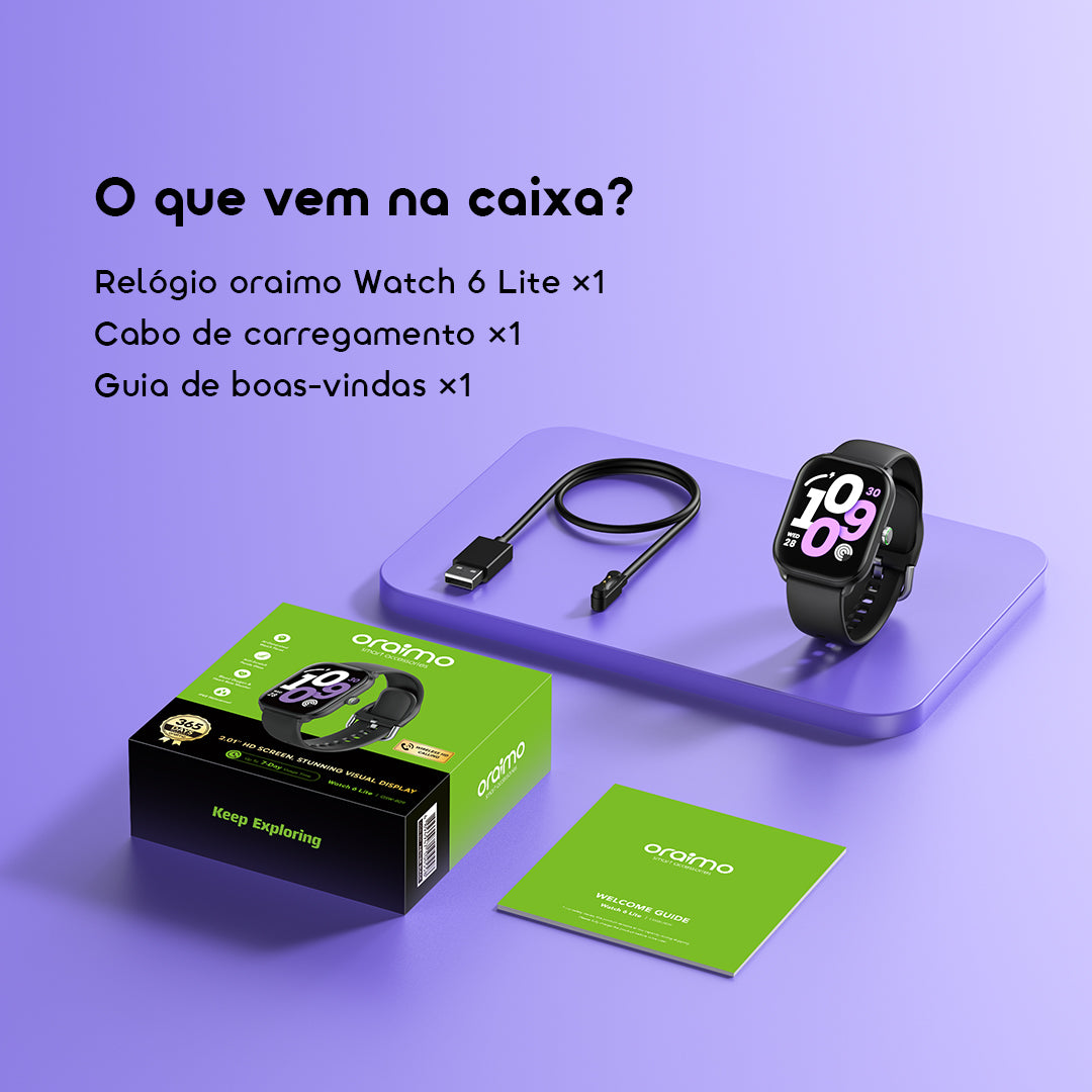oraimo Watch 6 Lite Relógio inteligente de 2,01 polegadas com interface de utilizador moderna.