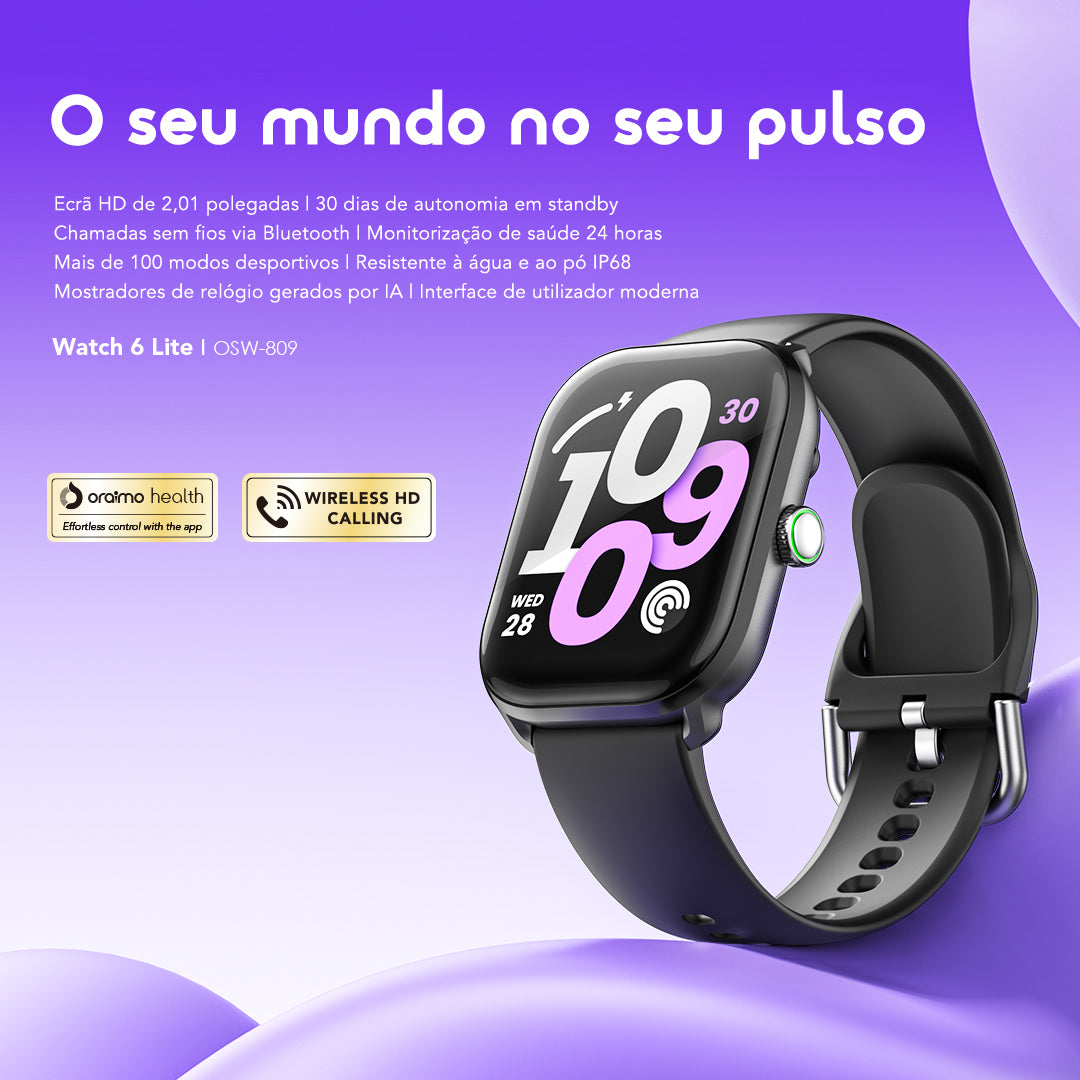 oraimo Watch 6 Lite Relógio inteligente de 2,01 polegadas com interface de utilizador moderna.