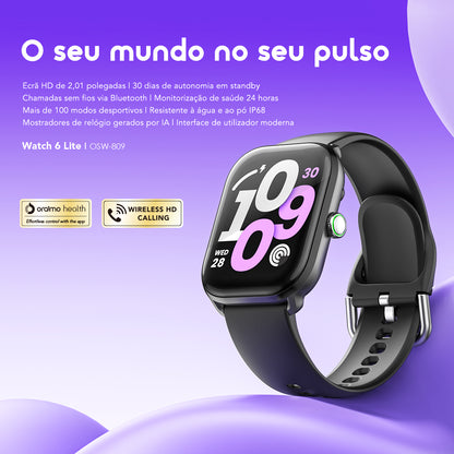 oraimo Watch 6 Lite Relógio inteligente de 2,01 polegadas com interface de utilizador moderna.